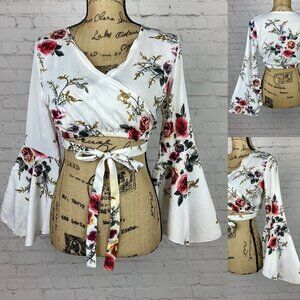 Floral Print Cross Front Wrap Ties Bell Sleeve Crop Top